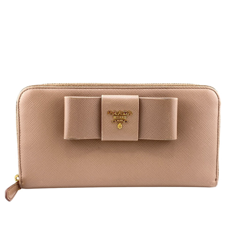 PRADA Long Wallet Purse 1ML506 leather beige Zip Around Safiano Ribbon Women Used Authentic