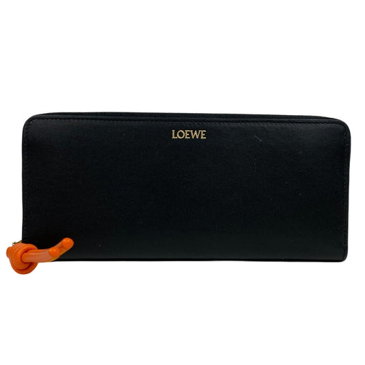 LOEWE Long Wallet Purse leather black Zip Around knot Women Used Authentic