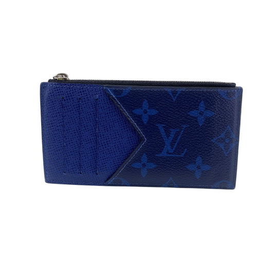 LOUIS VUITTON Coin case M30270 Monogram canvas, Taiga leather cobalt blue Taigalama Coin card holder mens Used Authentic