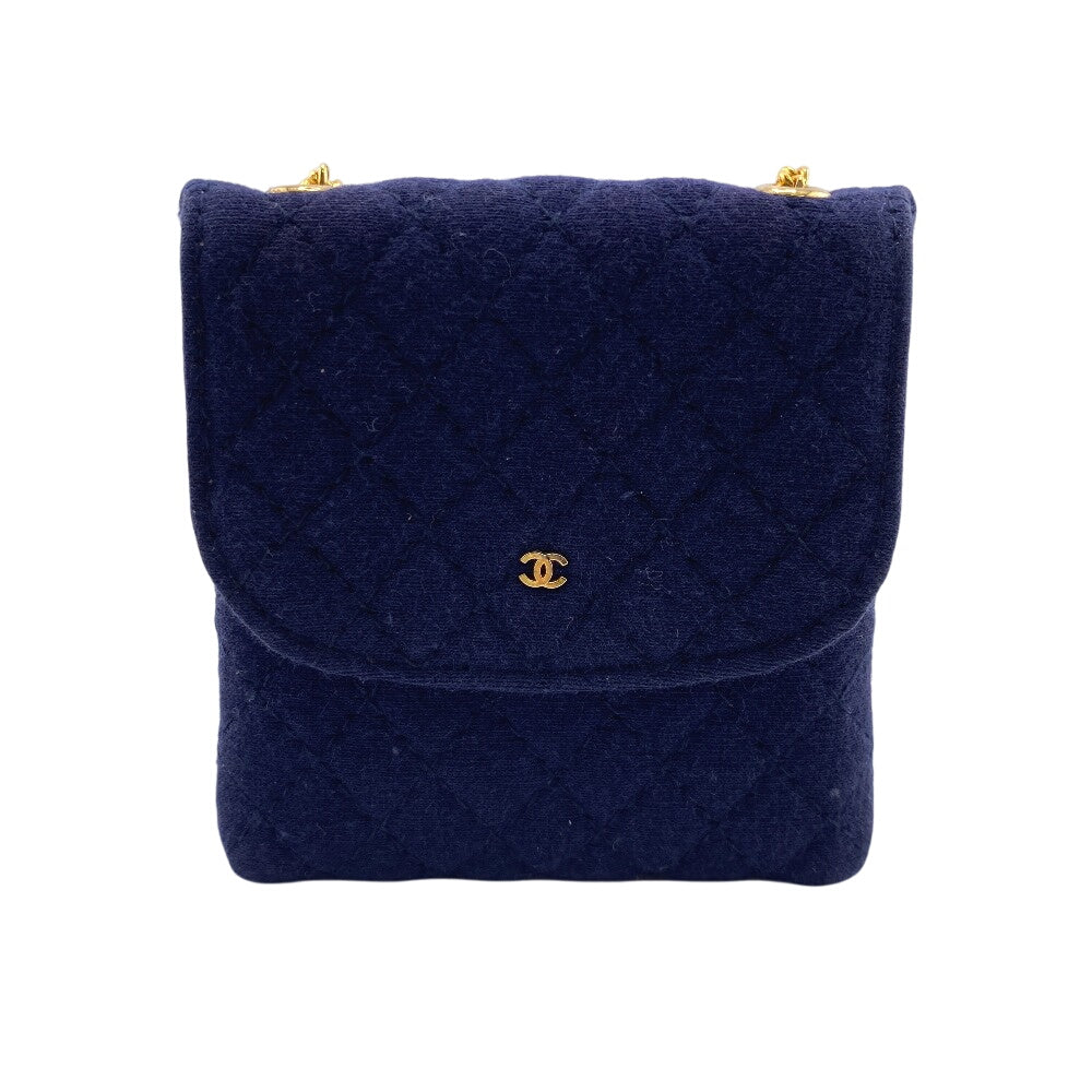 CHANEL Pouch cotton Navy Chained mini pouch Matrasse Women Used Authentic
