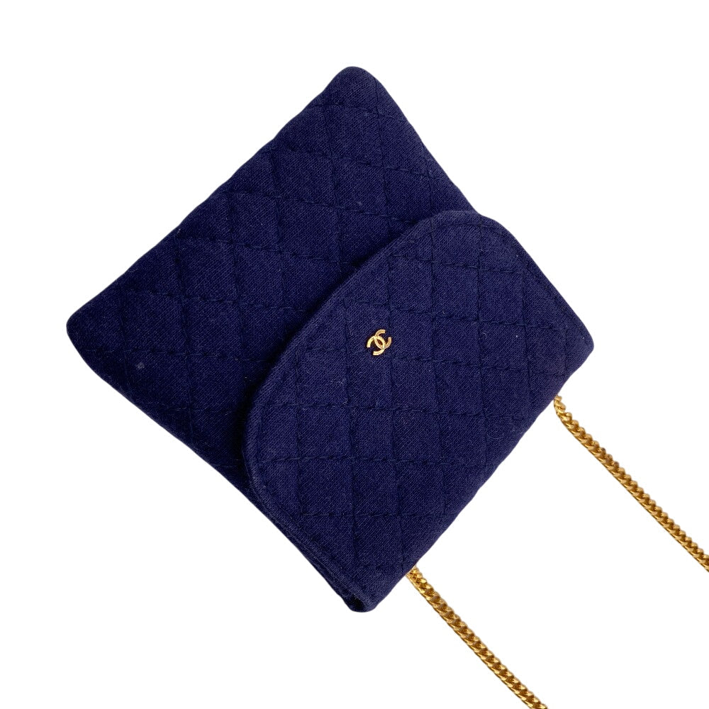 CHANEL Pouch cotton Navy Chained mini pouch Matrasse Women Used Authentic