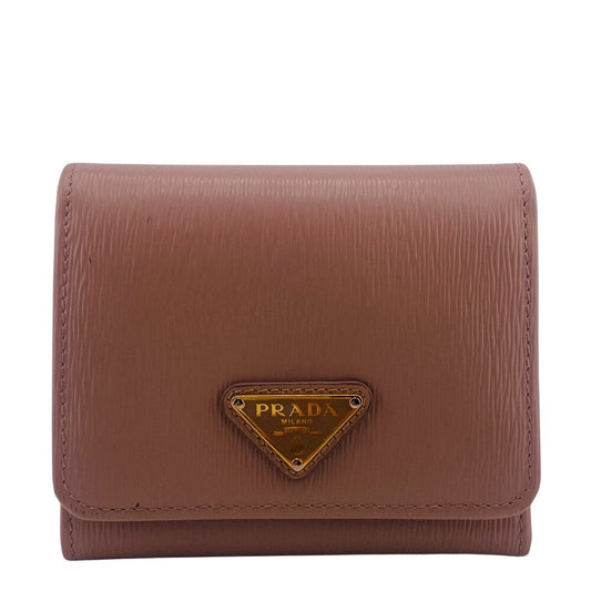 PRADA Tri-fold wallet 1MH176 leather beige Compact wallet Wittelomb Triangle Women Used Authentic