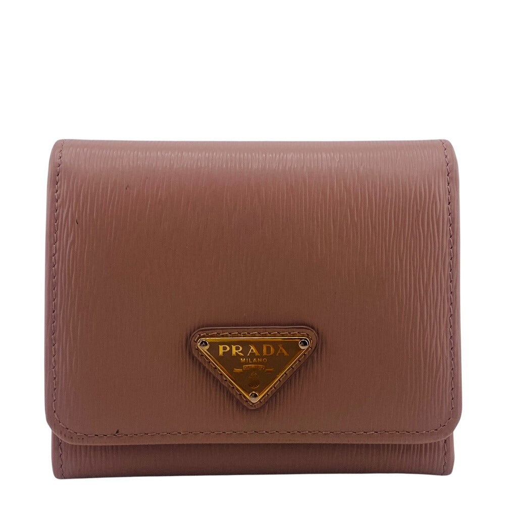 PRADA Tri-fold wallet 1MH176 leather beige Compact wallet Wittelomb Triangle Women Used Authentic
