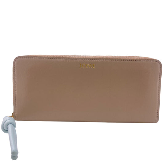 LOEWE Long Wallet Purse leather beige Zip around knot Shiny Nakapaf Women Used Authentic