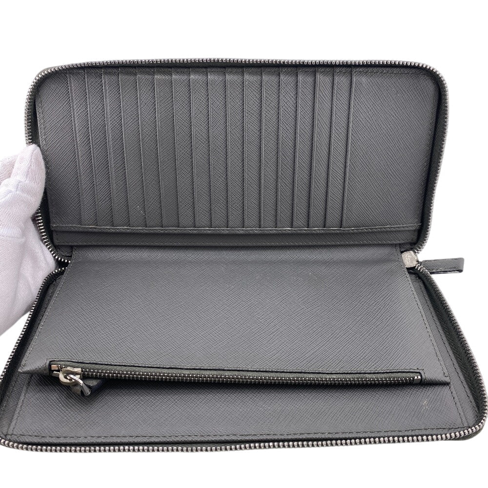 PRADA Long Wallet Purse Leather, Saffiano gray Zip Around Organizer mens Used Authentic