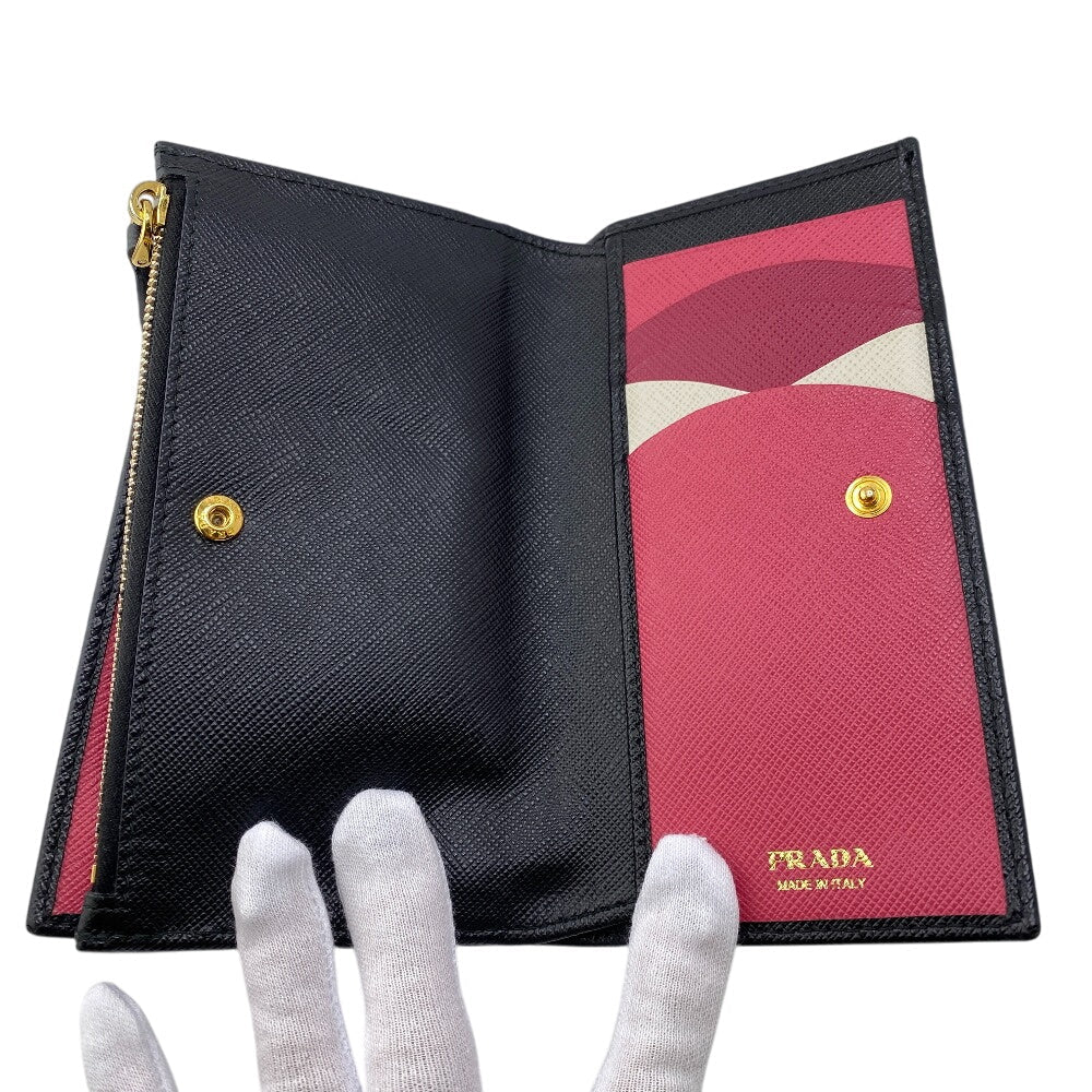 PRADA Bifold Wallet 1ML009 leather black W pocket Safiano Women Used Authentic