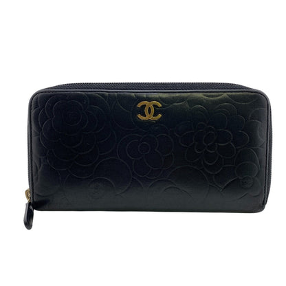 CHANEL Long Wallet Purse lambskin black Camelia