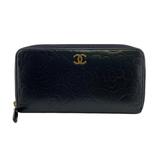 CHANEL Long Wallet Purse lambskin black Camelia