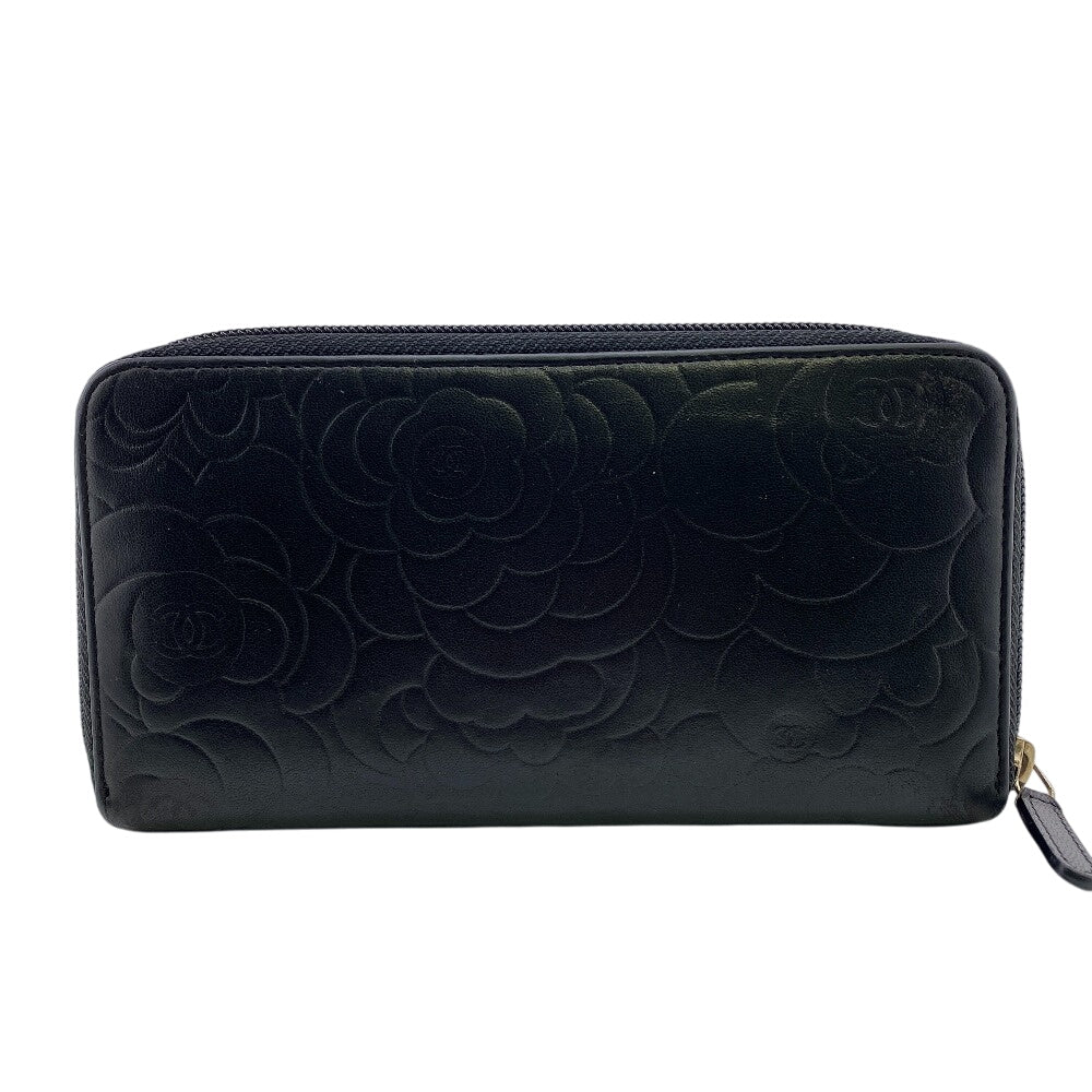 CHANEL Long Wallet Purse lambskin black Camelia