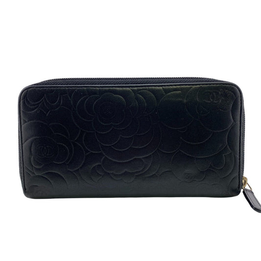 CHANEL Long Wallet Purse lambskin black Camelia