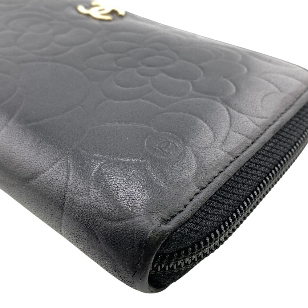 CHANEL Long Wallet Purse lambskin black Camelia