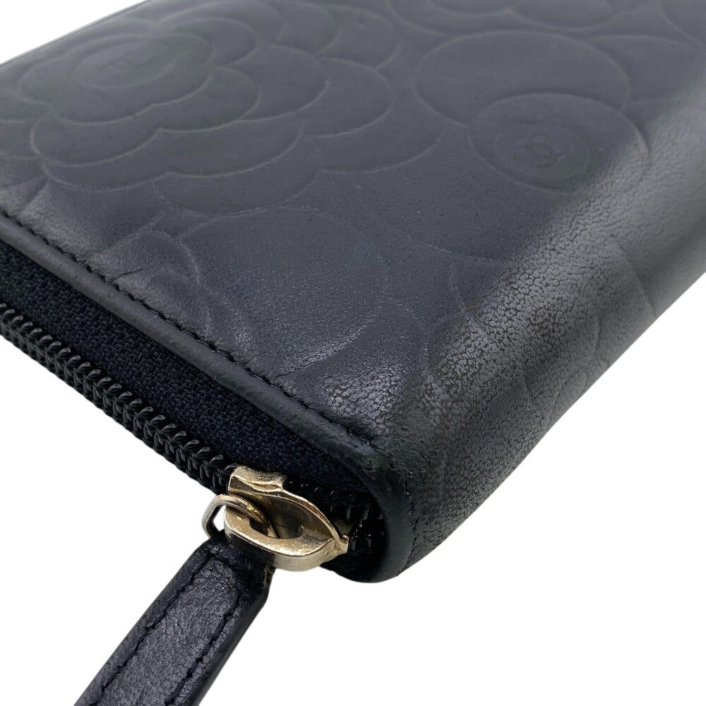 CHANEL Long Wallet Purse lambskin black Camelia