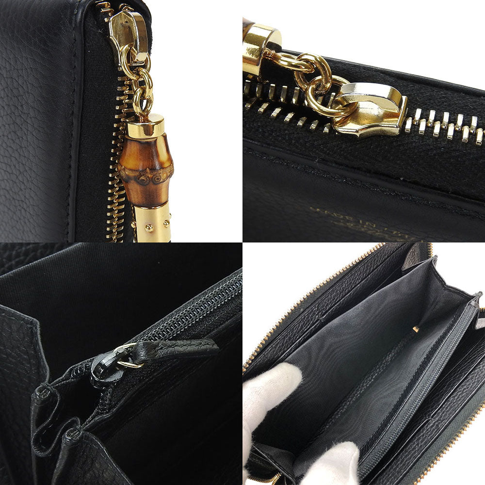 GUCCI Long Wallet Purse leather black Zip Around Women Used Authentic
