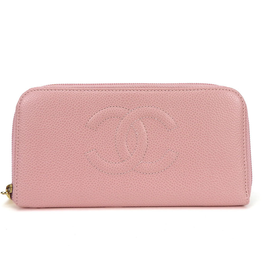 CHANEL Long Wallet Purse Caviar skin pink Women Used Authentic