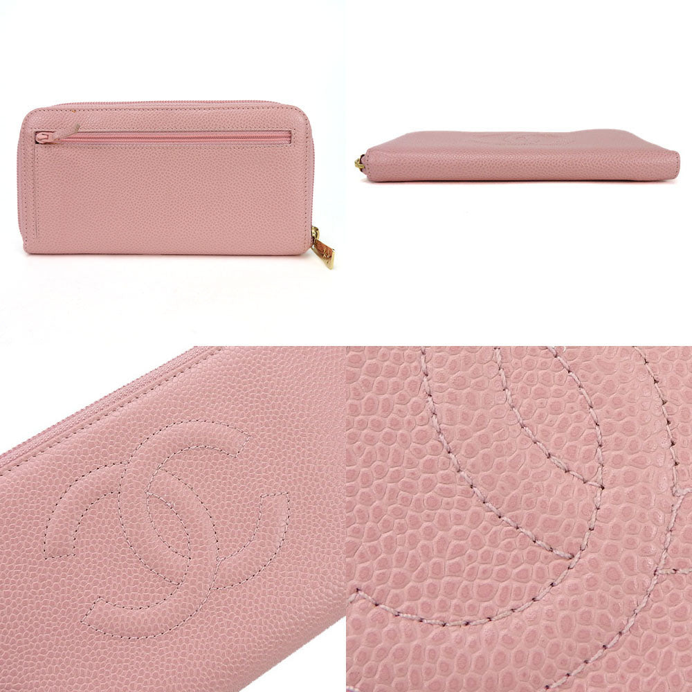 CHANEL Long Wallet Purse Caviar skin pink Women Used Authentic