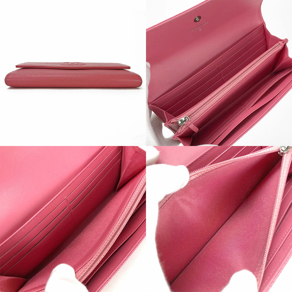 CHANEL Long Wallet Purse Caviar skin pink COCO Mark Women Used Authentic