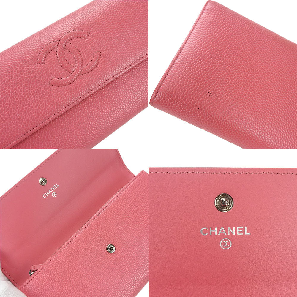 CHANEL Long Wallet Purse Caviar skin pink COCO Mark Women Used Authentic