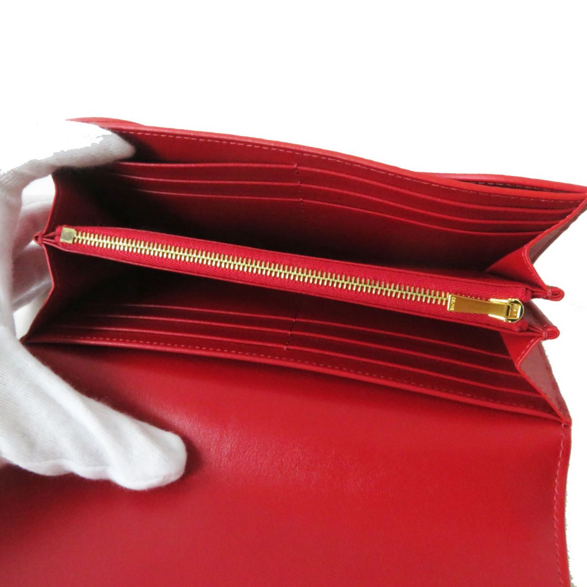 CELINE Long Wallet Purse Main: Leather Red x Gold Metal Women Used Authentic