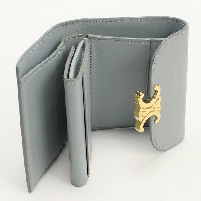 CELINE CE85108 Small flap wallet Triomphe Three fold Calfskin Blue Women