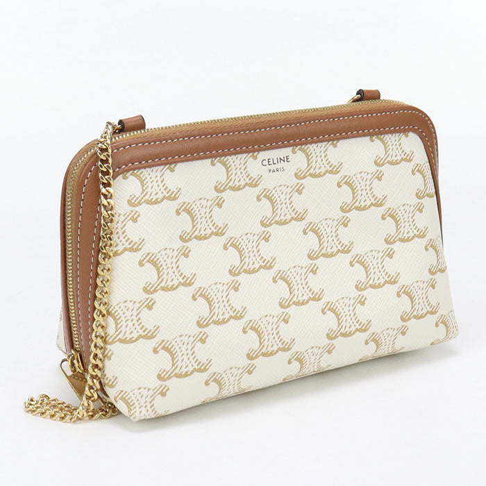 CELINE ChainShoulder Bag Triomphe canvas Diagonal PVC White Women