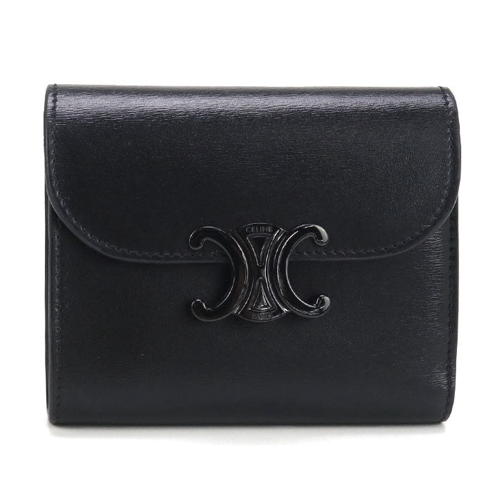 CELINE 10D78 3DPV Tri-fold wallet Triomphe Small flap wallet Calfskin black Women