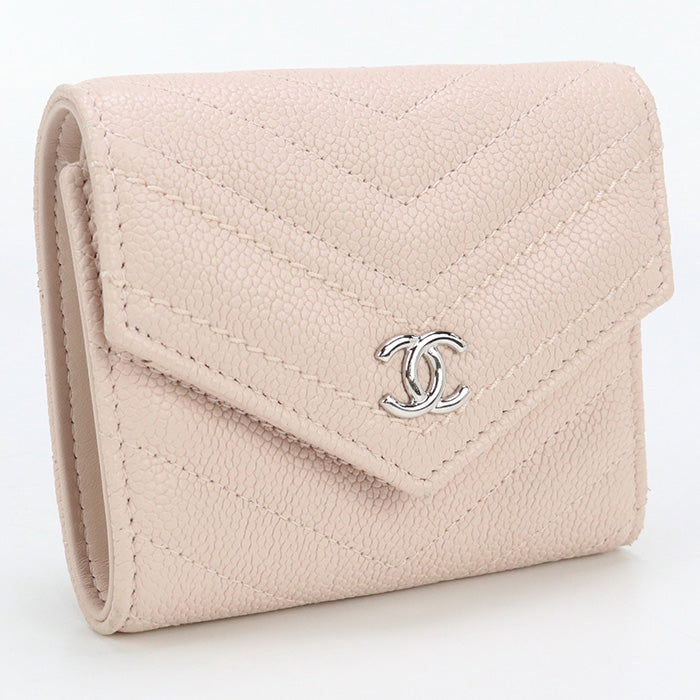 CHANEL A84346 Tri-fold wallet Chevron V Stitch Small flap wallet  leather pink Women