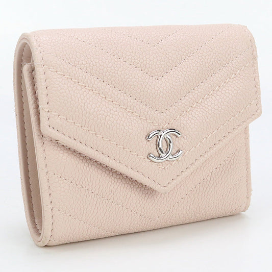 CHANEL A84346 Tri-fold wallet Chevron V Stitch Small flap wallet  leather pink Women