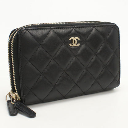 CHANEL Round W Zip Wallet PurseZip Around lambskin black Women