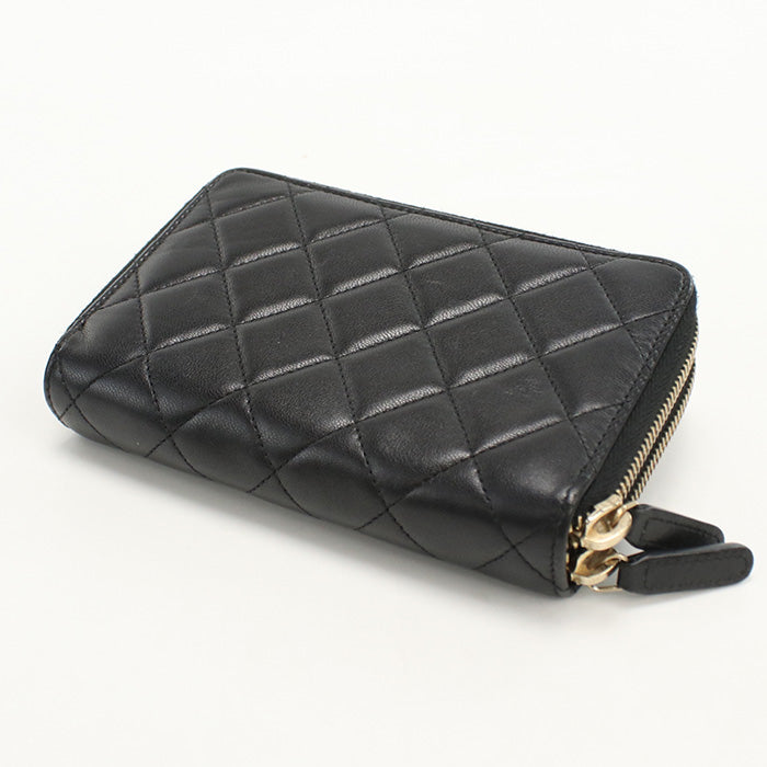 CHANEL Round W Zip Wallet PurseZip Around lambskin black Women