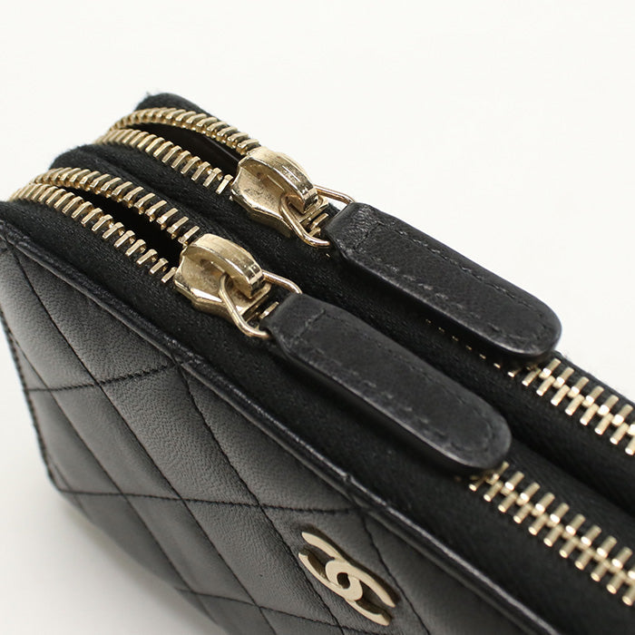 CHANEL Round W Zip Wallet PurseZip Around lambskin black Women