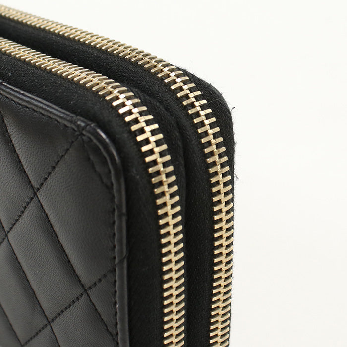 CHANEL Round W Zip Wallet PurseZip Around lambskin black Women