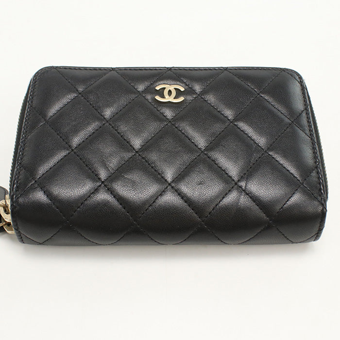 CHANEL Round W Zip Wallet PurseZip Around lambskin black Women