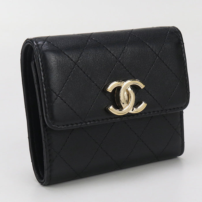 CHANEL 28592471 Small Matrasse Three fold wallet lambskin black Women