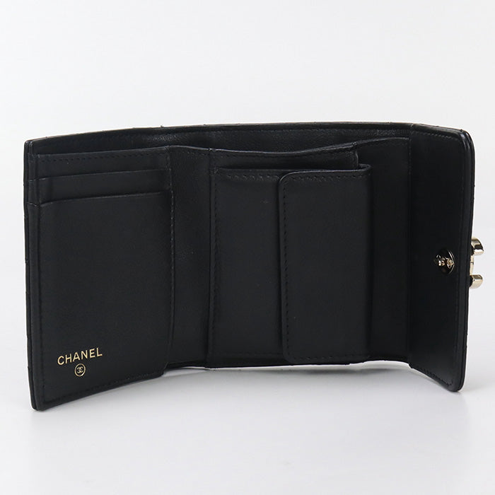 CHANEL 28592471 Small Matrasse Three fold wallet lambskin black Women