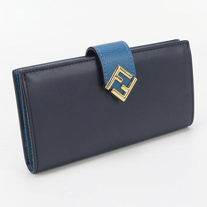 FENDI FF Diamond Long wallet with double fold coin purse leather navy Women