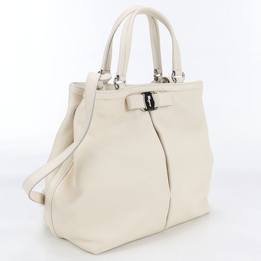 FERRAGAMO 21 309 2WAY Vara ribbon Tote Bag leather White Women