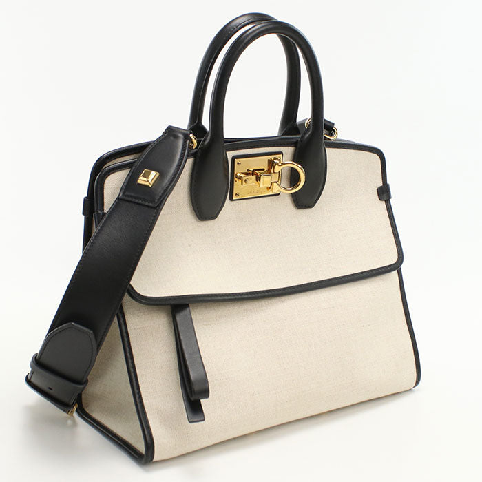 FERRAGAMO 21 I159 2WAY Gancini Tote Bag canvas leather White Women