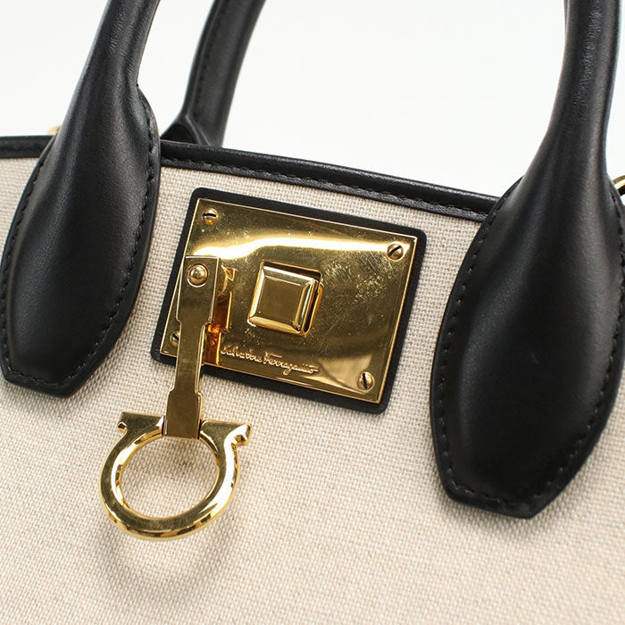 FERRAGAMO 21 I159 2WAY Gancini Tote Bag canvas leather White Women