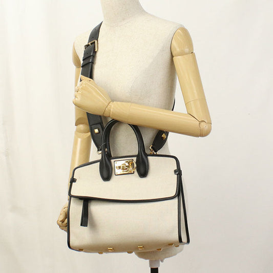 FERRAGAMO 21 I159 2WAY Gancini Tote Bag canvas leather White Women
