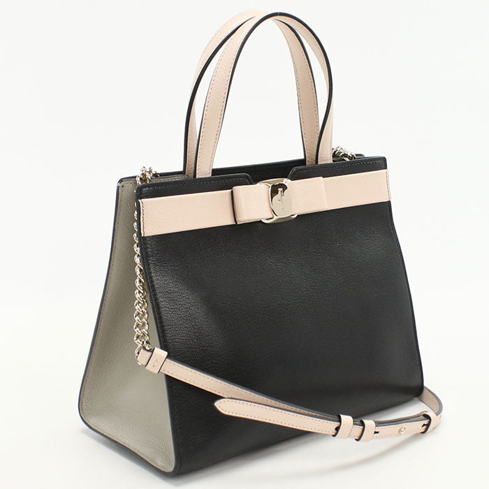 FERRAGAMO 21 1290 2WAY Vala Ribbon Tote Bag Calfskin black Women