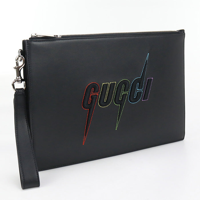 GUCCI 597678 Blade embroidery Clutch bag leather black unisex