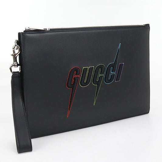 GUCCI 597678 Blade embroidery Clutch bag leather black unisex
