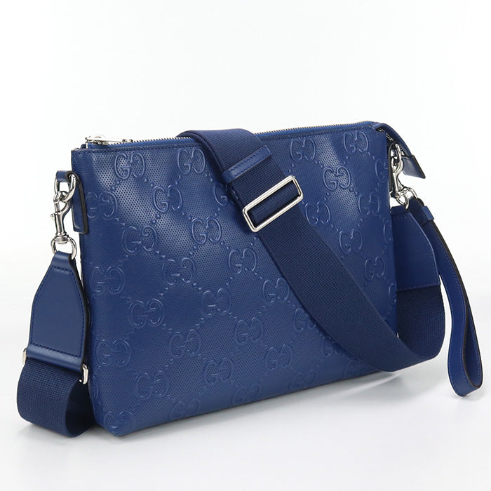 GUCCI 696009 Shoulder Bag GG emboss Medium 2-Way Clutch Bag leather blue mens
