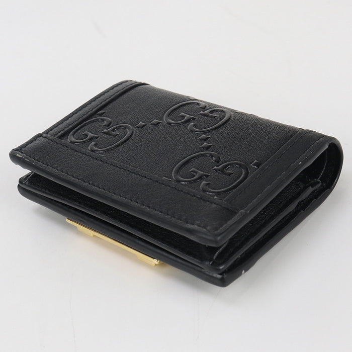GUCCI 676150 Card Case GG emboss Bi-fold wallet with coin purse black Women