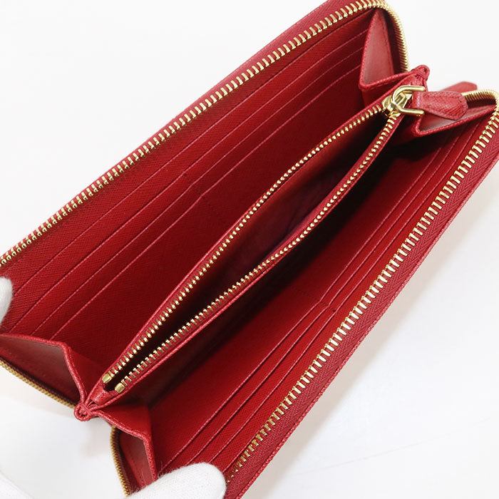 PRADA 1ML506 Long Wallet Saffiano Triangle Zipper Wallet leather Red Women