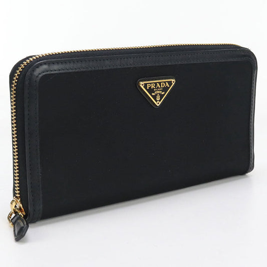PRADA 1ML506 Long Wallet Triangle Zipper Wallet Purse Nylon, leather black Women