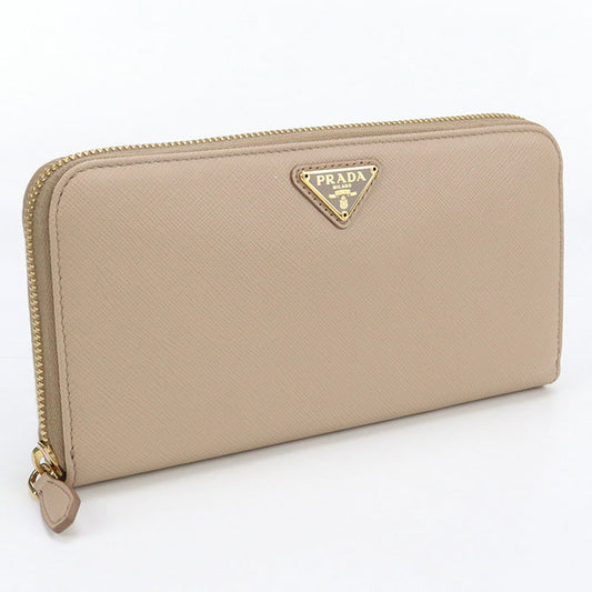 PRADA 1ML506 Long Wallet saffiano triangle Zipper Wallet leather beige Women