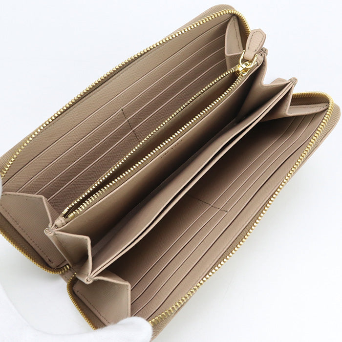PRADA 1ML506 Long Wallet saffiano triangle Zipper Wallet leather beige Women