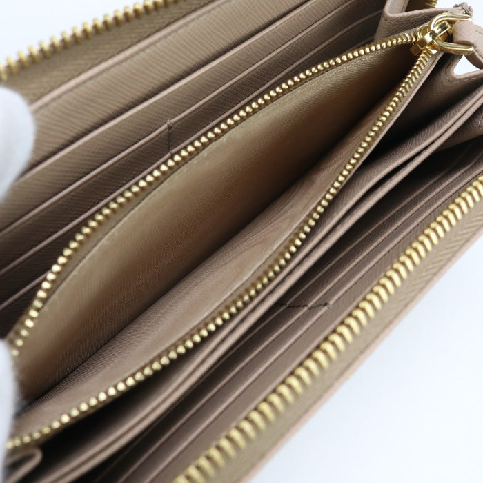 PRADA 1ML506 Long Wallet saffiano triangle Zipper Wallet leather beige Women