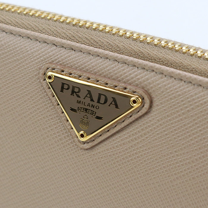 PRADA 1ML506 Long Wallet saffiano triangle Zipper Wallet leather beige Women